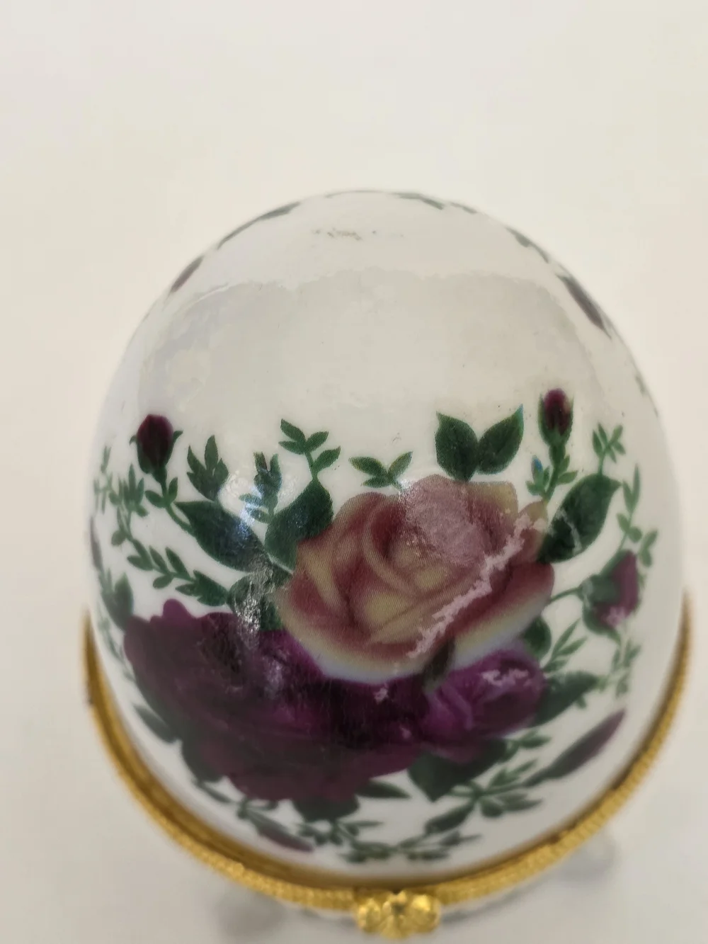 Porcelain Floral Egg Jewelry Box with Gold Trim - White and Purple